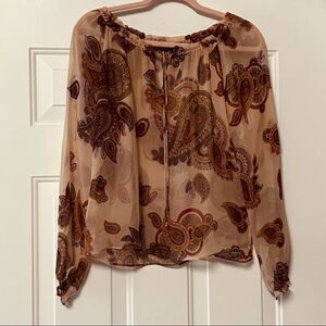 Y2K ECI Silk Chiffon Tan Paisley Popover Peasant split Neck Semi Sheer Top M